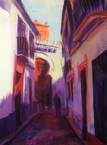 Impressionism, Painting, exotic street scene, dramatic sunlit buildings,Juderia,Jewish Quarter, Cordoba,Spain 