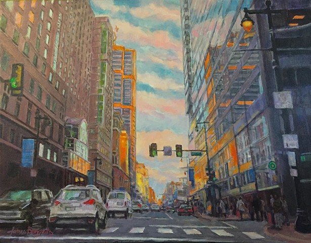 Urban street scene at dusk, Philadelphia