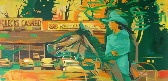 Carl Auge painting, Carl Auge Artwork, political painting, conceptual realist oil painting, contemporary landscape painting, oil painting of River City Donuts Memphis TN