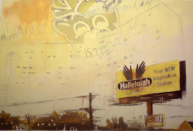 Conceptual realist oil painting of Memphis TN. Contemporary landscape painting of Memphis TN. Punk artwork. Hardcore punk artwork
