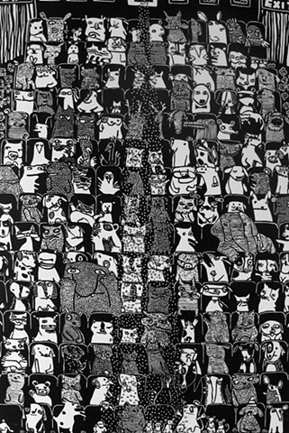Black and White Linoleum Print depicting animals sitting in a movie theater