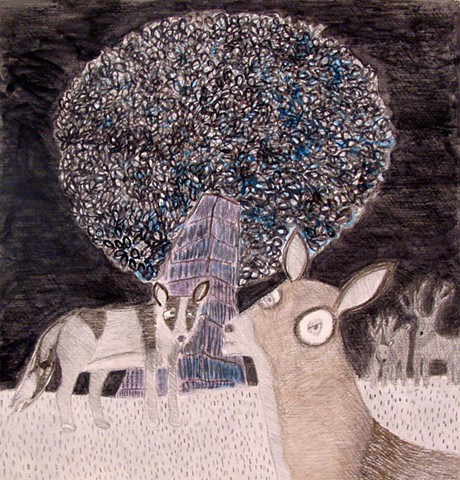Deer and Wolf Watercolor by Coco Berkman