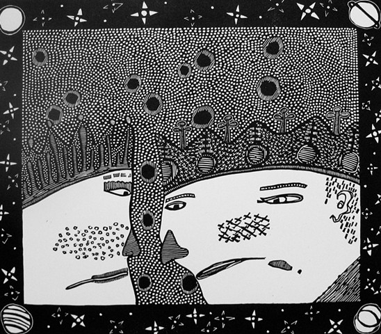 The Kings Contemplate the Cosmos linocut by Coco Berkman
