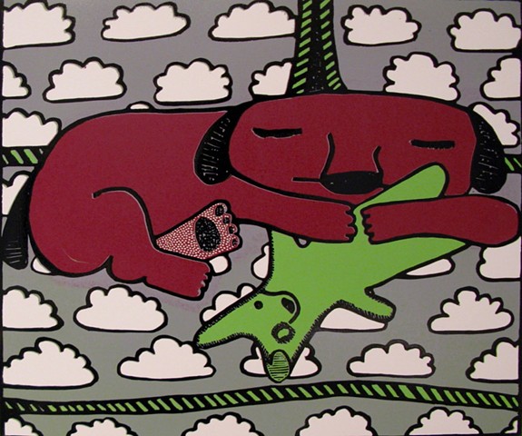 "Red Dog" 4 color reductive linoleum print by Coco Berkman from "Dogs on Sofas" series