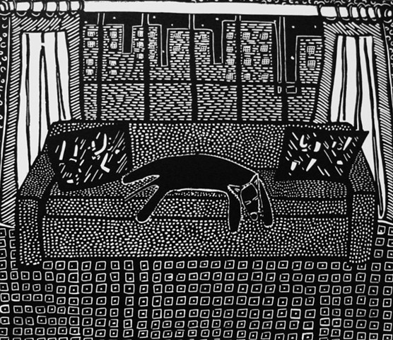 "Riverside Drive" linoleum print by Coco Berkman from "Dogs on Sofas" series