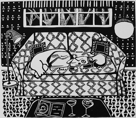 "Martinis" linocut by Coco Berkman from "Dogs on Sofas" series 