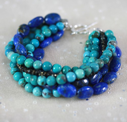 6-strand bracelet with turquoise, lapis, pyrite and silver