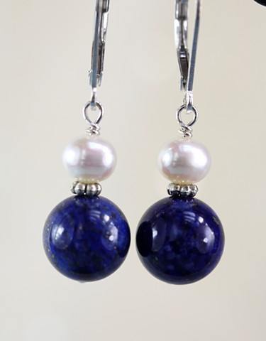 Lapis and pearl with sterling spacer earring