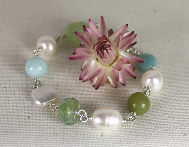 Amazonite, jade and pearl bracelet