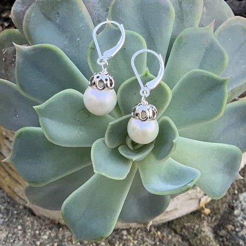 Silver bead cap and pearl earrings