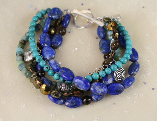 Five-strand bracelet with pyrite, lapis, turquoise