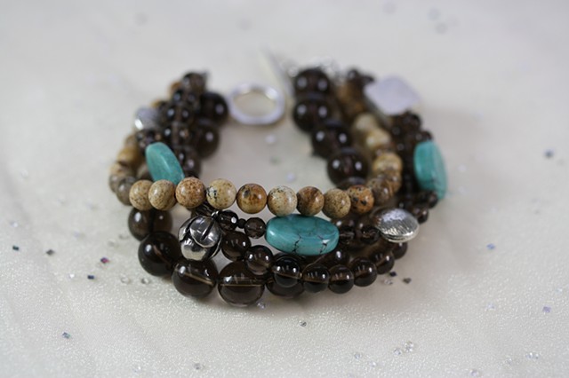 Smoky quartz, turquoise and silver multi strand bracelet