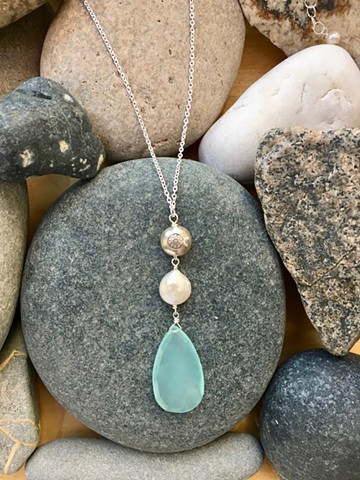 chalcedony, fresh water pearl and sterling silver necklace
