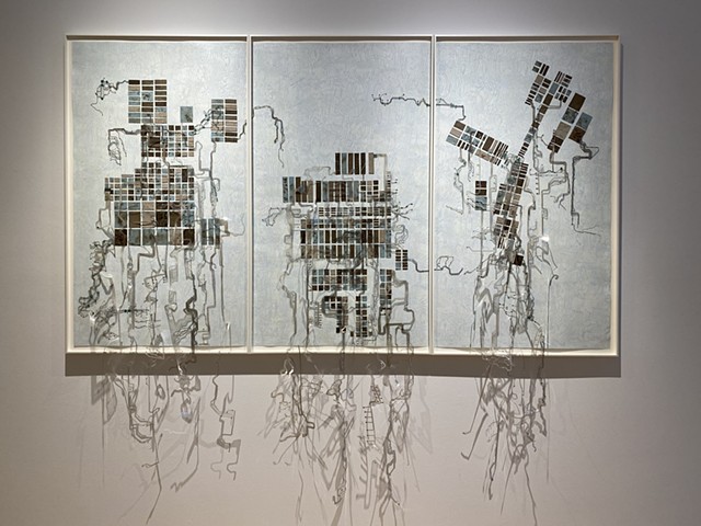 work on paper- stone, natural materials, collaged various media on paper