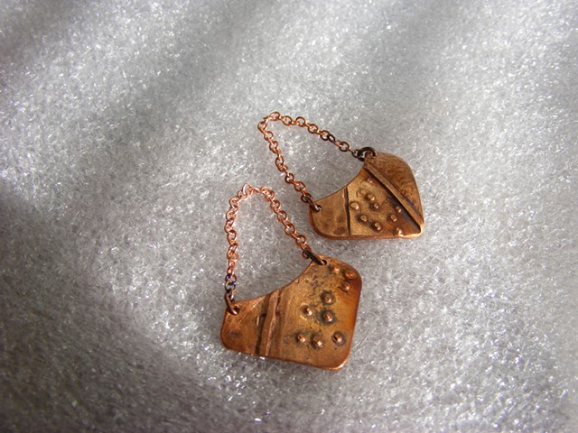 copper earrings, chain, shield earrings