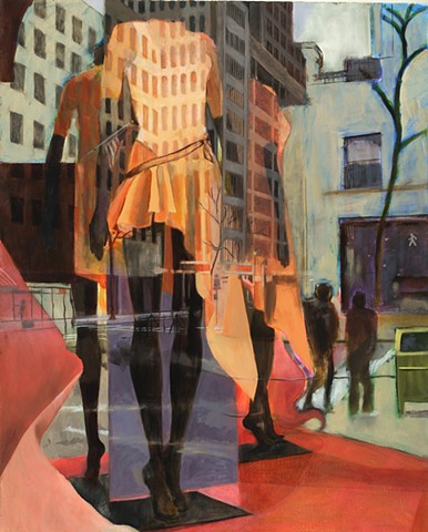 Window dressing in NYC.  Plaid reflections on headless mannequin dressed in orange.  Urbanscape.  