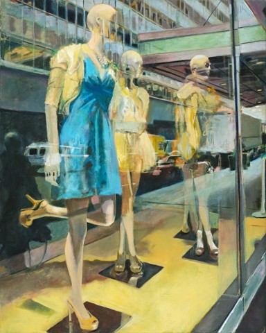 Oil painting mets 21st century transparency. Heel's up!  Fashion via the window dresser.  Urban scapes