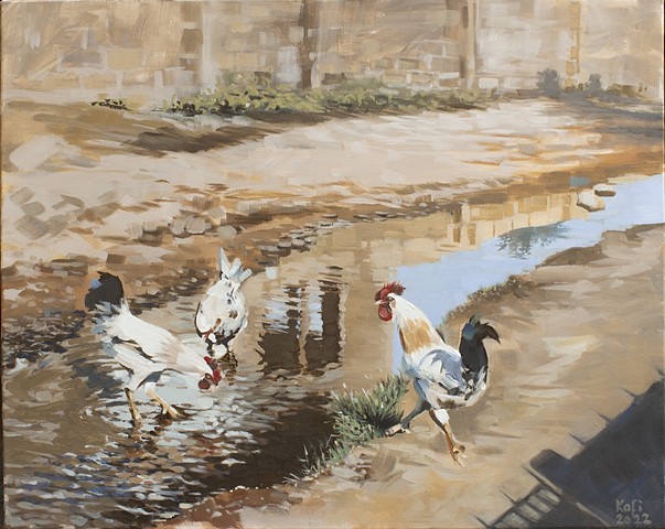 Two Cocks and a Hen 24x30