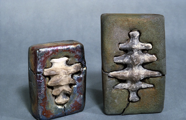 Raku fired ceramic clay sculpture skeletal  abstract glyph block symbols