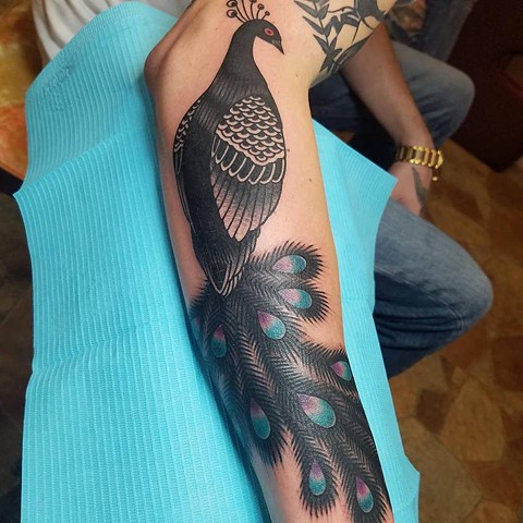 Peacock tattoo with dermal piercing by George Muecke: TattooNOW