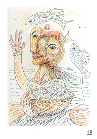 Girl with Flying Fish. after Picasso. Gleason.
