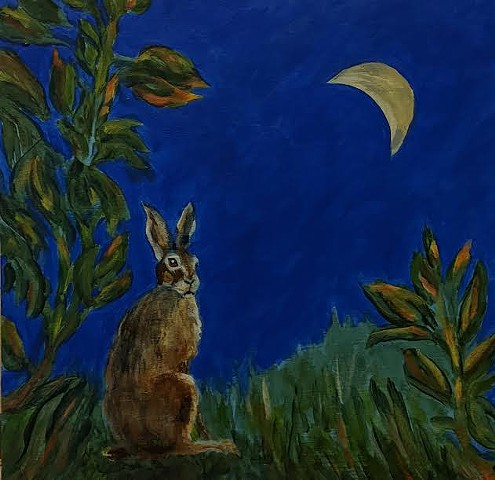 pandemic art, covid19 art. hare, Moon's messenger, rabbit. night, thoughtful, patient, beautiful,