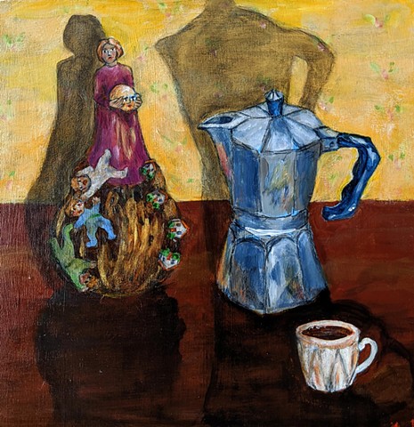 pandemic art, covid19 art. coffee. espresso pot, demitass cup, clay whistle, moon  beautiful,