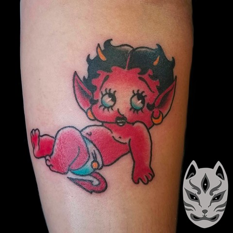 Betty Boop devil in traditional style on forearm