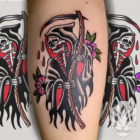 Grim reaper in traditional style by Gina Matuo of Copper Fox Tattoo in Kissimmee Florida
