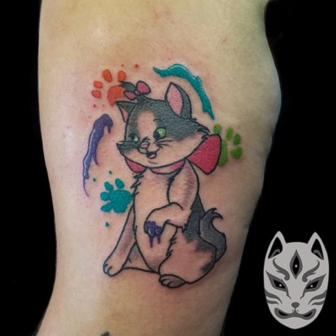 Disney Aristocat style tattoo of clients cat Moonpie by Gina Matuo of Copper Fox in Kissimmee Florida