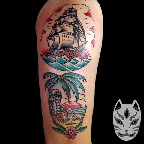 Traditional Navy tattoo of clipper ship and skeleton on beach with palm tree in full color on upper arm by Gina Marie of Copper Fox in Kissimmee Florida