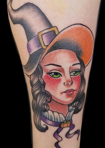 Neo traditional witch on lower arm by Gina Marie of Copper Fox Tattoo in Kissimmee Fl