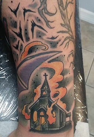Church tattoo, burning church tattoo, black and grey tattoos, cool tattoos, rad tattoos, fire, Kissimmee tattoo shop, kissimmee, copper Fox tattoo
