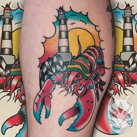 Traditional color tattoo of lobster and lighthouse on lower leg by Gina Matuo of Copper Fox Tattoo in Kissimmee Florida 