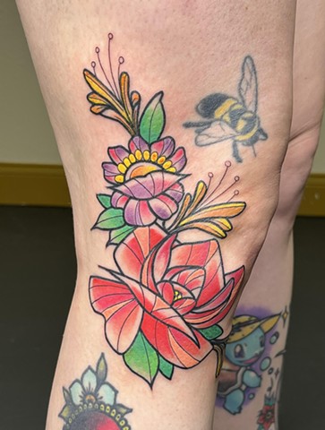 Neo Traditional Flowers around knee by Kayla Arruda of Copper Fox Tattoo in Kissimmee Florida best tattoo shop near me