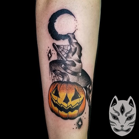 Stipple shaded style of Halloween witch tattoo by Gina Matuo of Copper Fox in Kissimmee Florida 