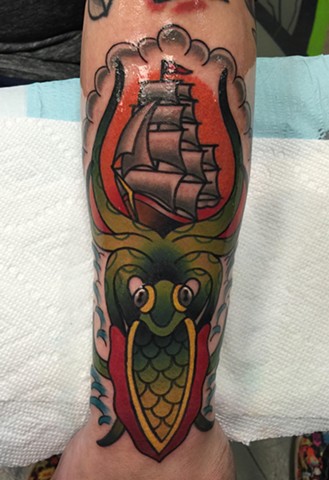 Kraken with ship traditional tattoo by Klint Who of Copper Fox Tattoo in Kissimmee Florida best tattoo shop near me