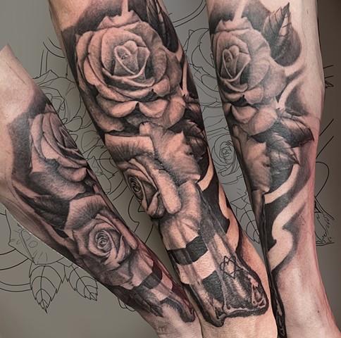 Tattoo, tattooing, tattooshop, tattoos, Kissimmee tattooshop, black and grey tattoos, black and grey roses, tattoo shops near disney