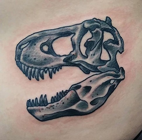 T-Rex skull, T-Rex skull tattoo, dinosaur skull, dinosaur tattoo, black and grey tattoo, Kissimmee tattoo shop, tattoo shop, tattooing, tattoos