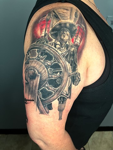 Captain Barbossa, Barbossa tattoo, black and grey tattoo, pirates tattoo, Kissimmee tattooshop, tattooshops near disney 