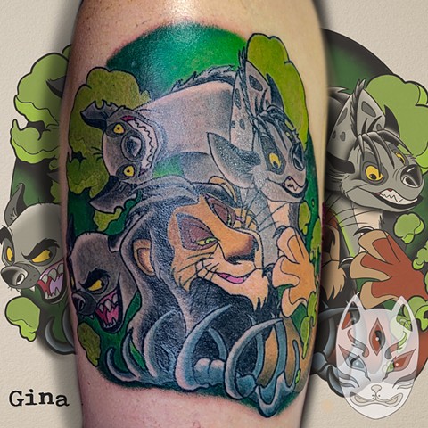 Disney tattoo of Scar and the hyenas from The Lion King film in full color by Gina Matuo of Copper Fox tattoo best tattoo shop in Kissimmee Florida