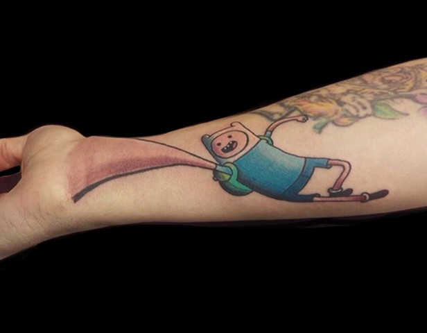Adventure time, Finn the human, cartoon Tattoo, full color tattoo by Gina Marie at Copper Fox Tattoo