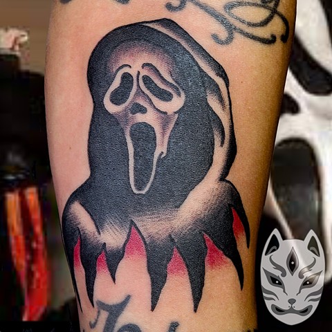 Ghostface killer from Scream traditional tattoo by Gina Matuo of Copper Fox in Kissimmee Florida 