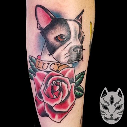 Traditional dog tattoo of Boston Terrier with roses on forearm by Gina Matuo of Copper Fox in Kissimmee Florida