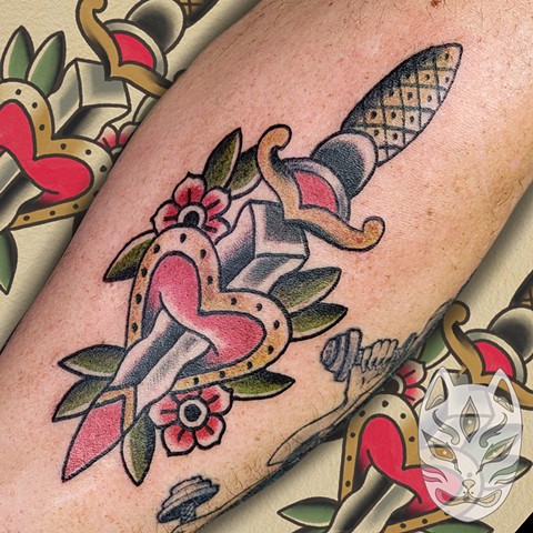 American Traditional color dagger and heart on forearm by Gina Matuo of Copper Fox tattoo in Kissimmee Florida best tattoo shop
