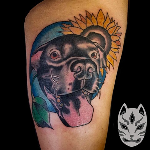 Dog portrait in color inner bicep neon traditional style 