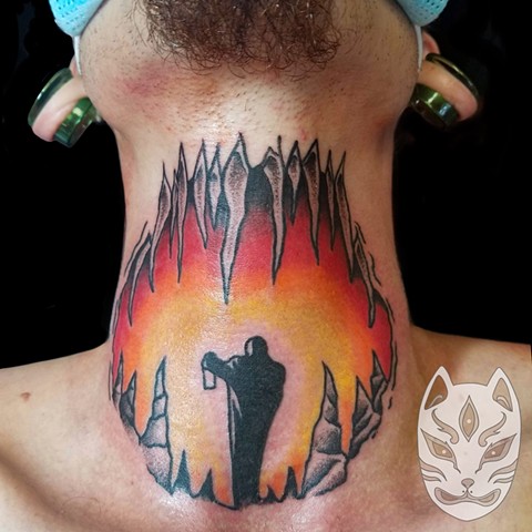 Tattoo of man entering a cave on front of throat in traditional style