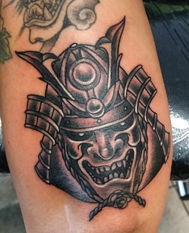 Samurai tattoo, samurai helmet, black and grey tattoo, tattooing, tattoo shop, Kissimmee tattoo, Kissimmee tattoo shop 