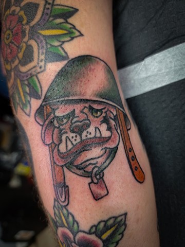 Sailor Jerry traditional Bulldog tattoo on arm by Gina Matuo of Copper Fox Tattoo in Kissimmee Florida best shop near me