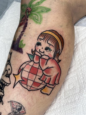 Peach Disco Kewpie on calf full color neo tradtitional by Kayla Arruda of Copper Fox Tattoo in Kissimmee Florida best tattoo shop near me